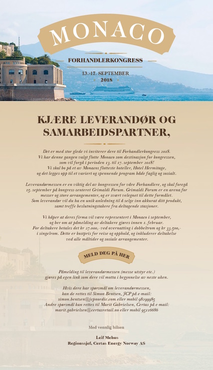 Påmelding til Forhandlerkongress - leverandør 2018