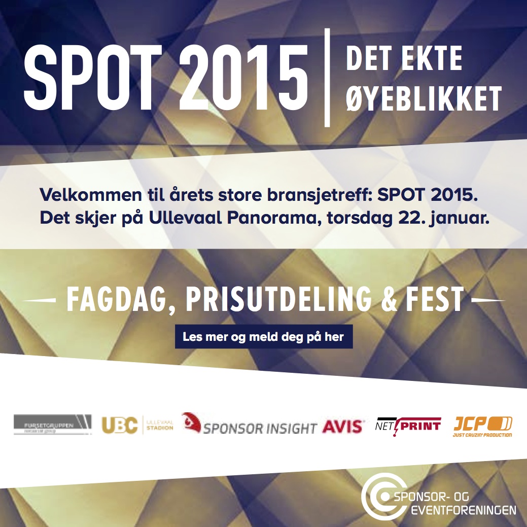 Velkommen til årets store bransjetreff: SPOT 2015
Det skjer på Ullevaal Panorama, torsdag 22.januar.
Vi starter med lett lunsj kl. 12.30 og så rett på Fagdag kl. 13.00. Etter endt Fagdag blir det umiddelbart apéritif før vi går til middag med Prisutdeling og Fest.
Tema for hele SPOT er: Det Ekte Øyeblikket