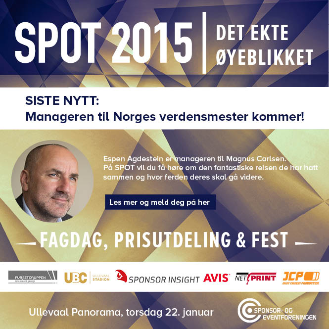 Velkommen til årets store bransjetreff: SPOT 2015
Det skjer på Ullevaal Panorama, torsdag 22.januar.
Vi starter med lett lunsj kl. 12.30 og så rett på Fagdag kl. 13.00. Etter endt Fagdag blir det umiddelbart apéritif før vi går til middag med Prisutdeling og Fest.
Tema for hele SPOT er: Det Ekte Øyeblikket